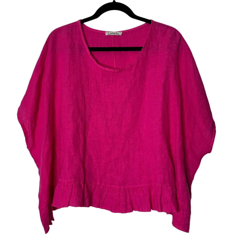 Liabella Italy Hot Pink Linen Ruffle Hem Boxy Top Short Sleeve Womens One Size